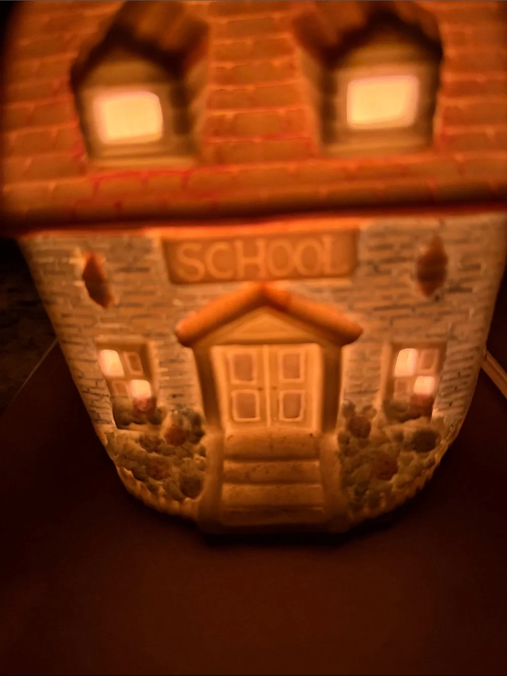 Vintage Ceramic Schoolhouse Night Light Lantern in Warm Beige 5 inches tall